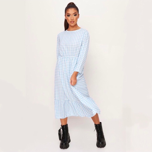 NWT Baby Blue Gingham Ruffle-Hem Midi Dress - Picture 3 of 10
